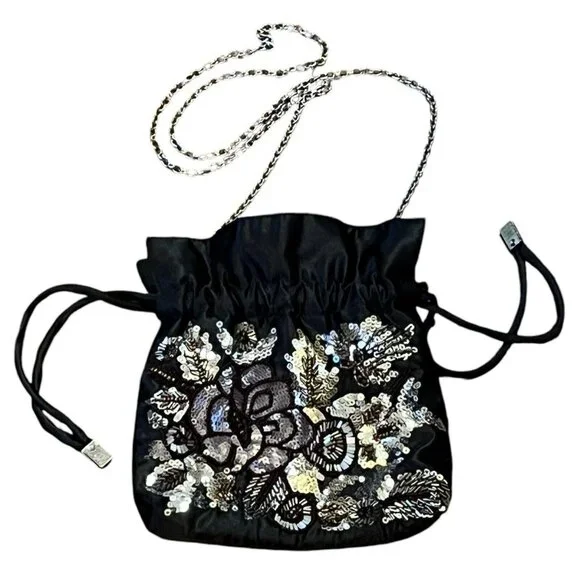 Vintage Jessica McClintock Black Floral Sequin Beaded Evening Formal Bag Purse - Picture 1 of 10